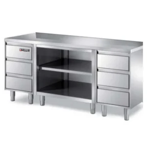 Stainless Steel Base Cabinet 6 Drawer Middle is Open Middle Shelf