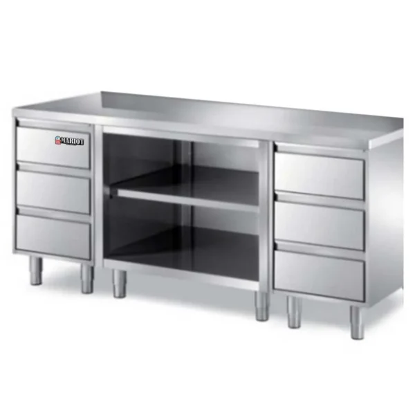 Stainless Steel Base Cabinet 6 Drawer Middle is Open Middle Shelf