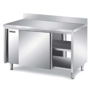 Stainless Steel Base Cabinet Back Splash Sliding Doors, Front and Back Open Middle Shelf