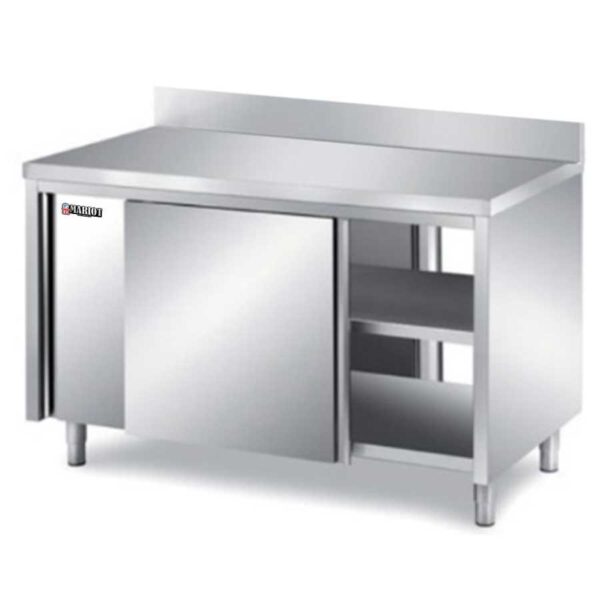 Stainless Steel Base Cabinet Back Splash Sliding Doors, Front and Back Open Middle Shelf